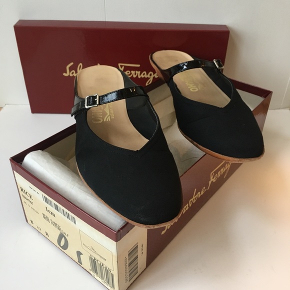 Salvatore Ferragamo Shoes - Salvatore Ferragamo Black Mule 8 1/2 B Canvas tops Patent Leather straps EUC